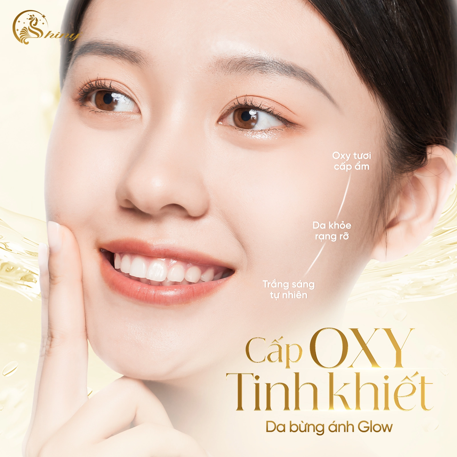 Thiết kế giới thiệu Glow Oxygen của Shiny với người mẫu trên nền trắng vàng