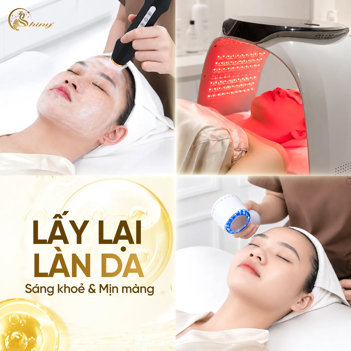 Ảnh ghép Shiny minh họa thao tác chăm sóc da với đầu máy và đèn ánh sáng đỏ