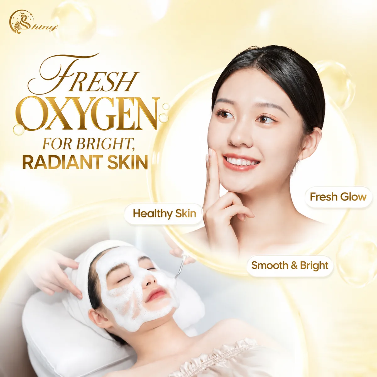 English Glow Oxygen promotional artwork by Shiny with a model and facial care illustration