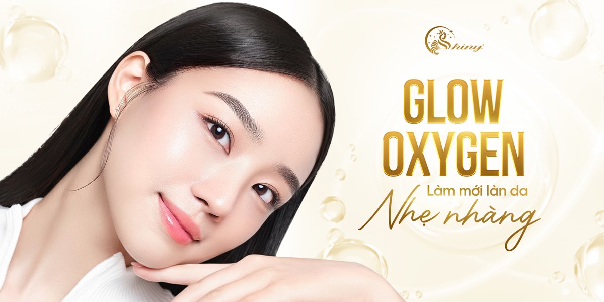 Thiết kế giới thiệu Glow Oxygen của Shiny với người mẫu trên nền trắng vàng