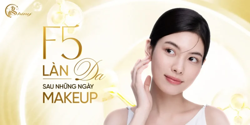 Thiết kế của Shiny với người mẫu chạm má, minh họa chăm sóc da sau trang điểm