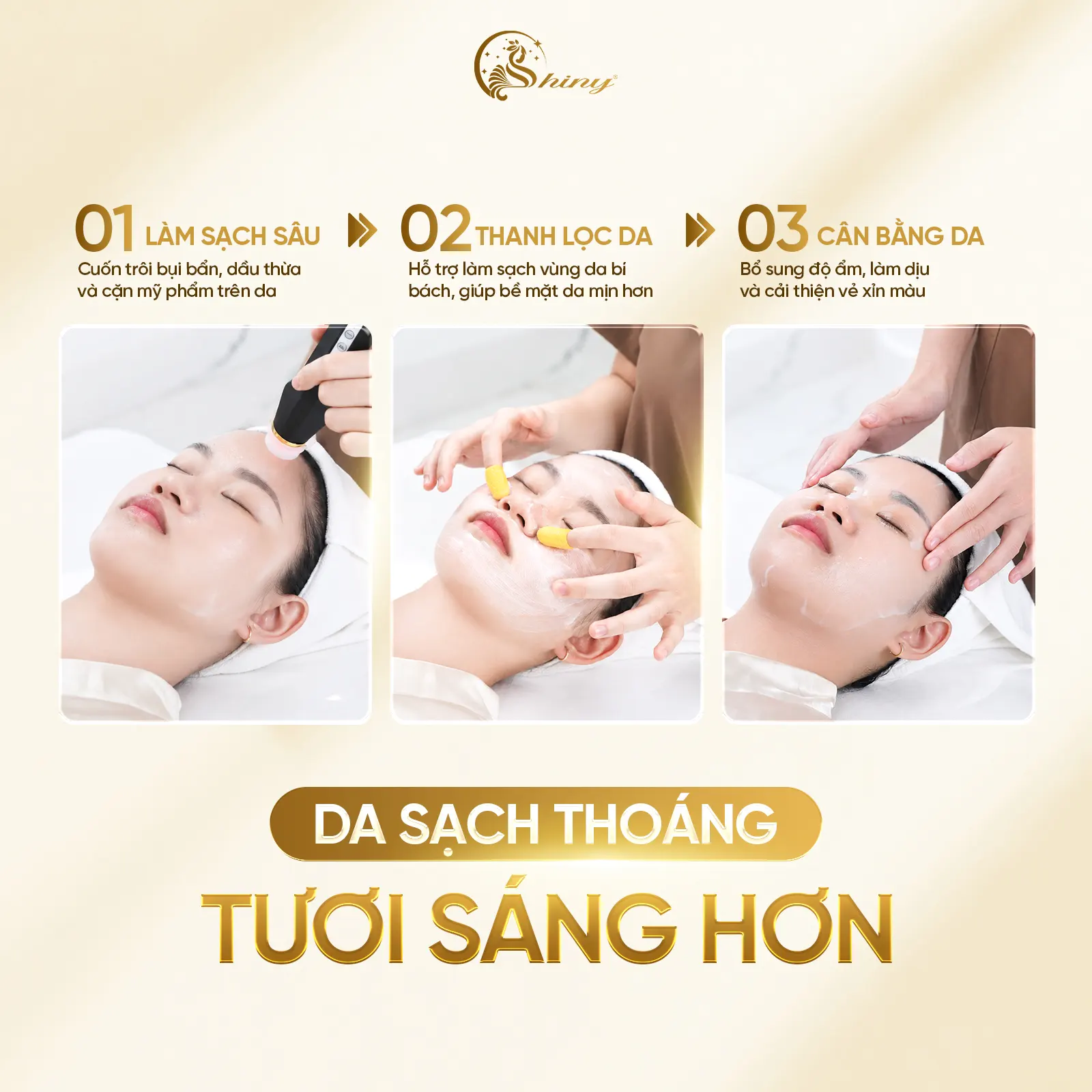 Ba hình minh họa thao tác chăm sóc da trong bộ Skin Detox của Shiny