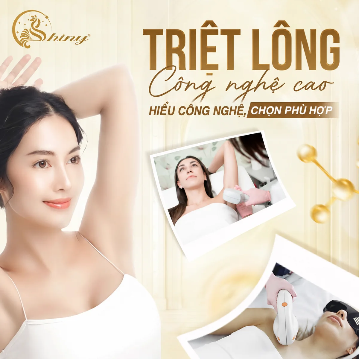 Thiết kế Shiny về triệt lông công nghệ cao, người mẫu và hình minh họa thao tác vùng nách