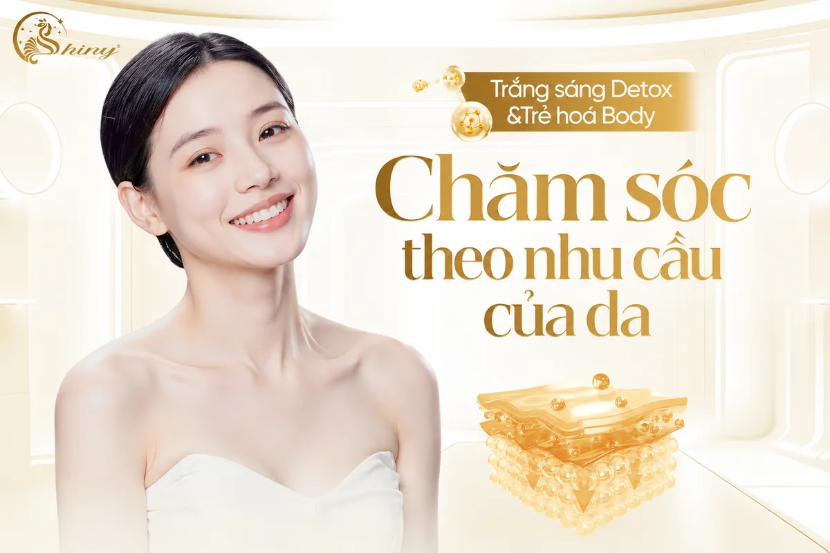 Người mẫu trong thiết kế Shiny với dòng chữ Chăm sóc theo nhu cầu của da