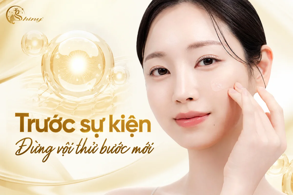 Thiết kế người mẫu chạm nhẹ má, nhắc không vội thử bước chăm sóc mới trước sự kiện.