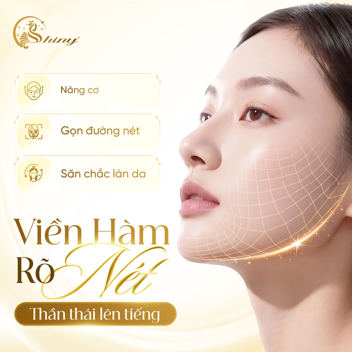 Shiny skin-tightening illustration with a gold grid along a woman’s cheek and jawline