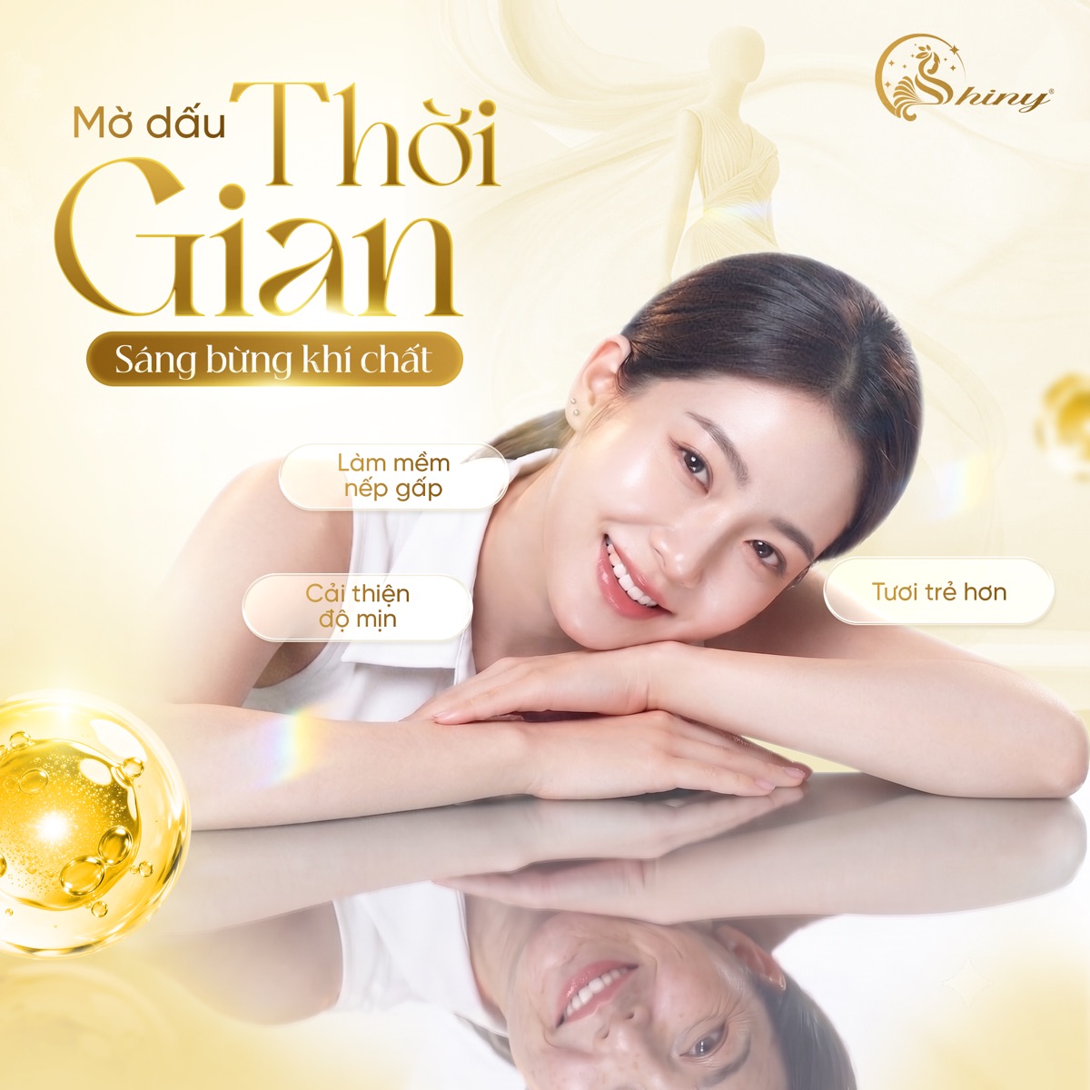 Shiny wrinkle-care promotional artwork showing a woman resting on her arms