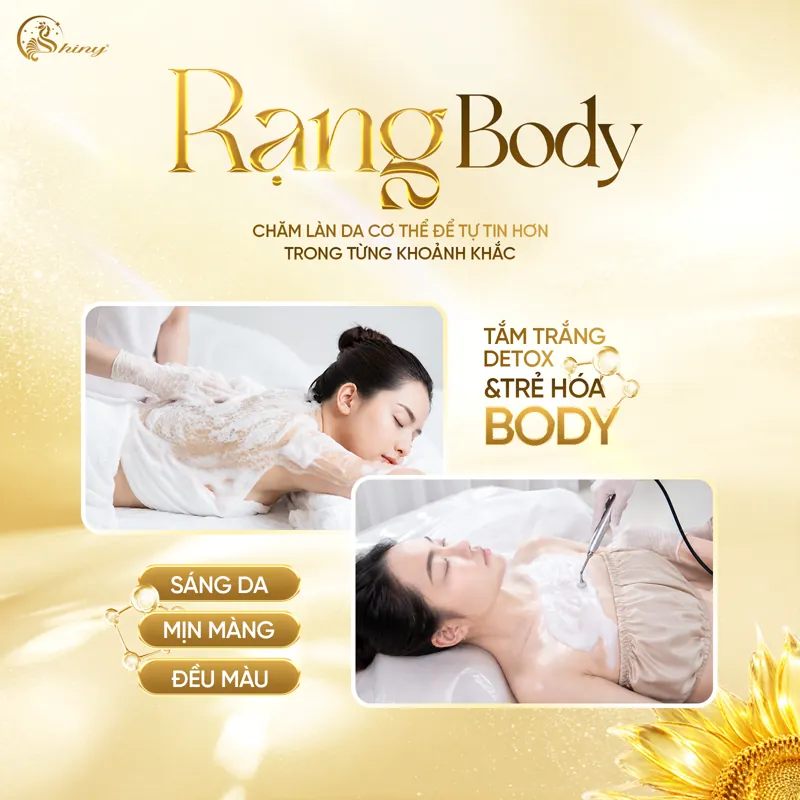 Thiết kế Rạng Body của Shiny với hình minh họa chăm sóc da cơ thể và giới thiệu Detox Body.