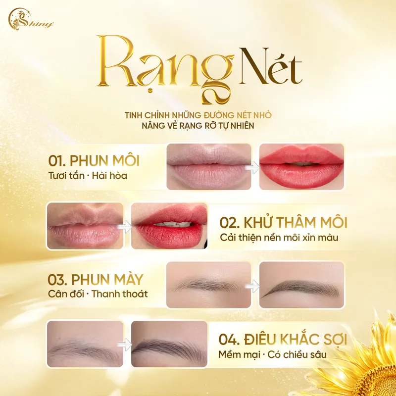 Thiết kế Rạng Nét của Shiny giới thiệu phun môi, khử thâm môi, phun mày và điêu khắc sợi bằng ảnh so sánh; không dự đoán kết quả cá nhân.
