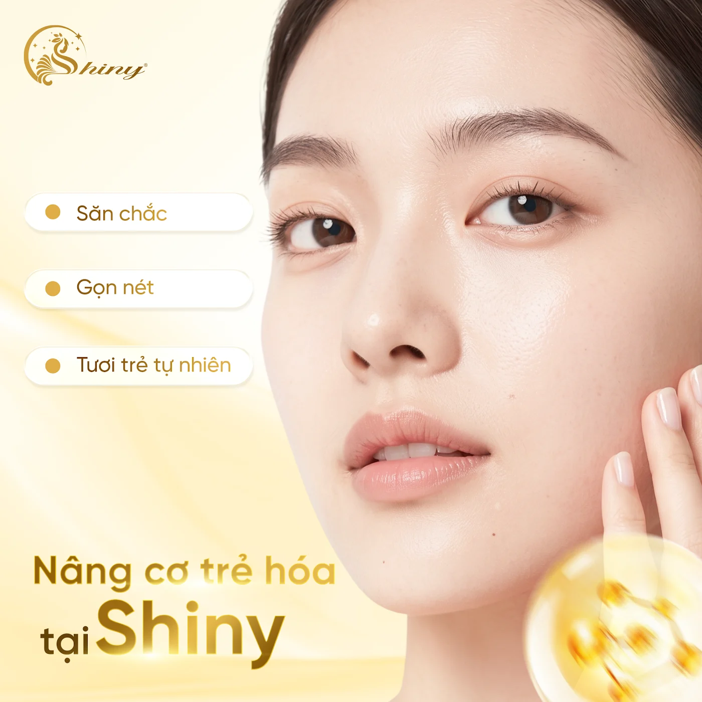 Shiny promotional design for skin lifting, with Vietnamese text meaning firm, defined and naturally fresh