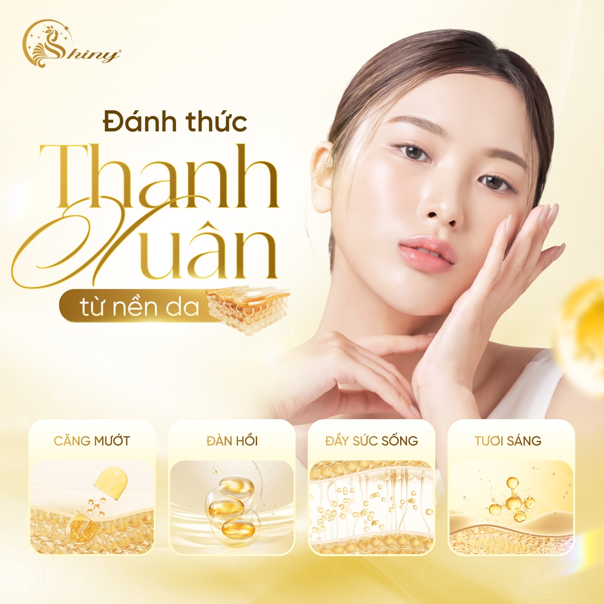 Shiny promotional illustration of a woman touching her cheek with skin-layer graphics
