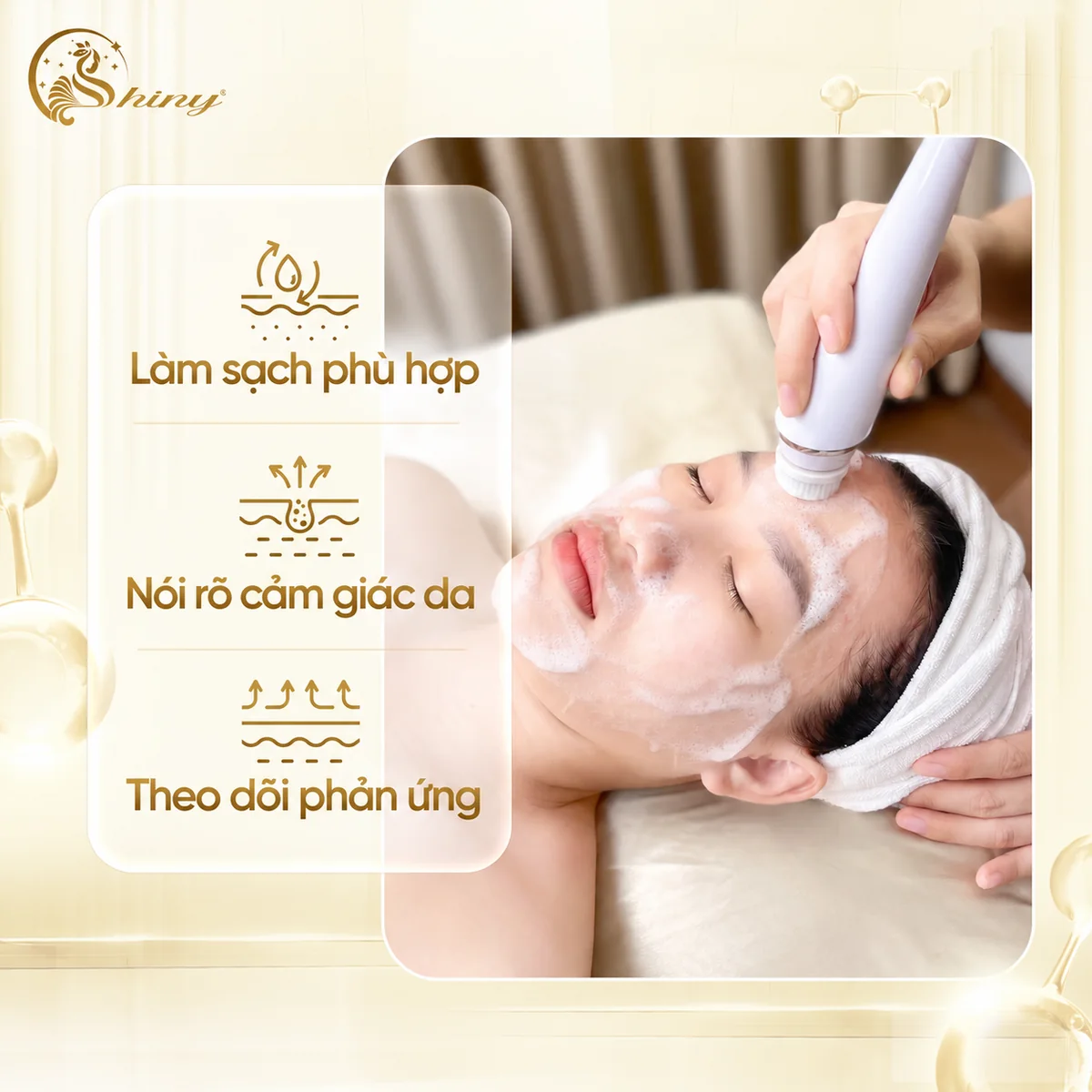 Thiết kế từ ảnh nam giới được làm sạch da, kèm lời nhắc nói rõ cảm giác da và theo dõi phản ứng.